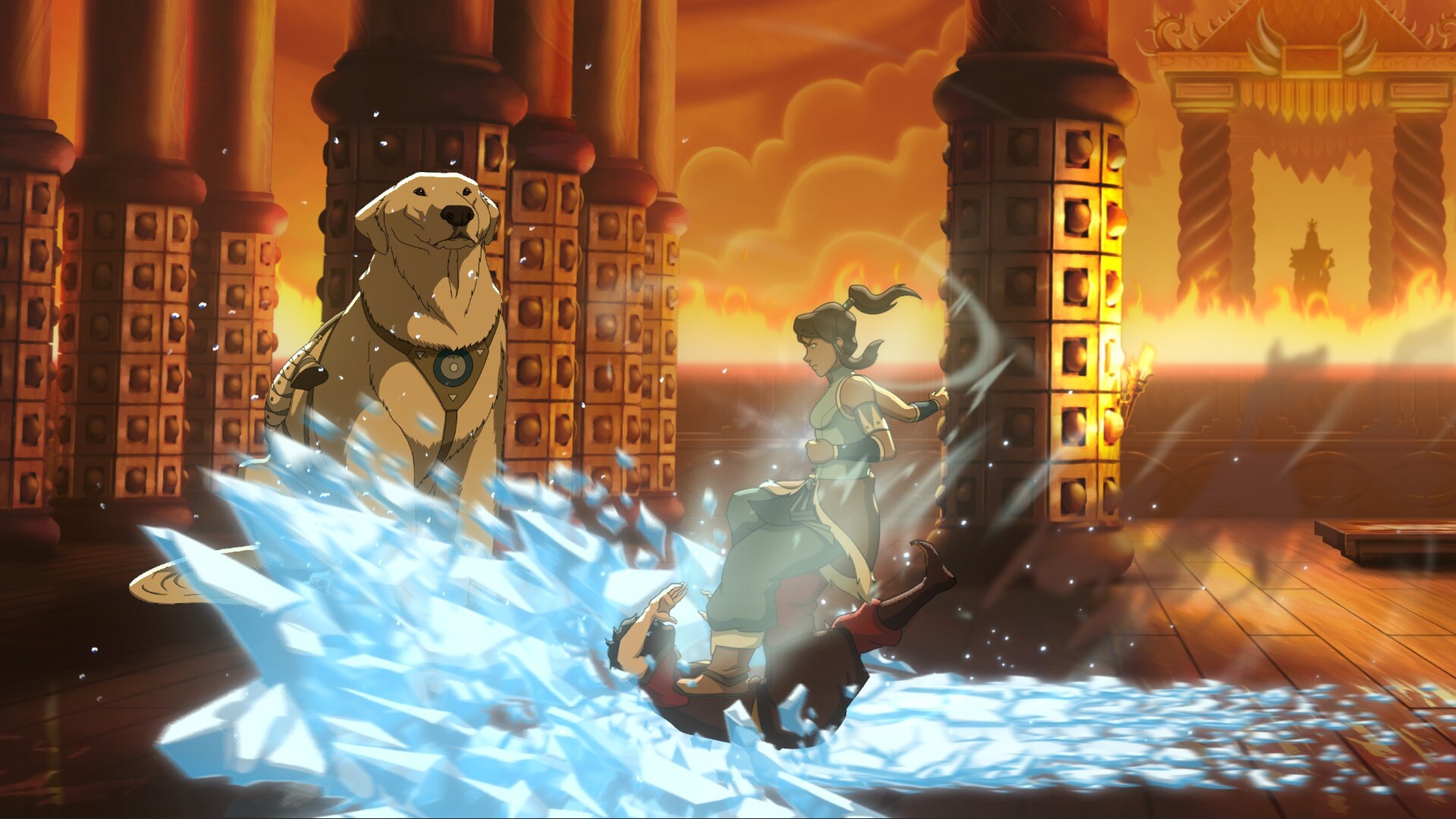 Korra attacks with ice in a fire-lit arena